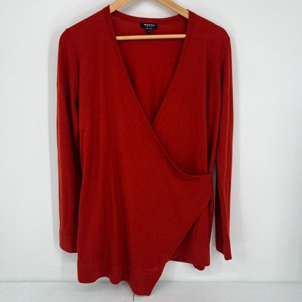 Worth New York Size Small Dark Orange Faux Wrap V-Neck Sweater Work Wear Career